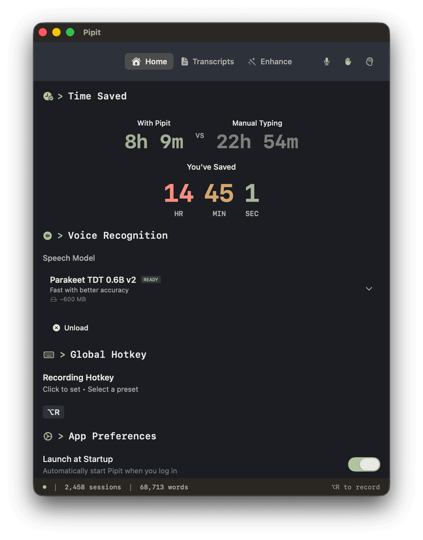 Pipit app interface showing voice transcription settings, clipboard history, and smart dictionary features on macOS